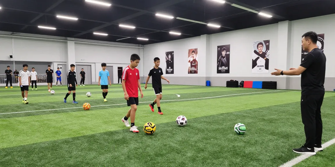 Junge Spieler trainieren mit Mantom Trainingsball Fußball in modernen Einrichtungen.