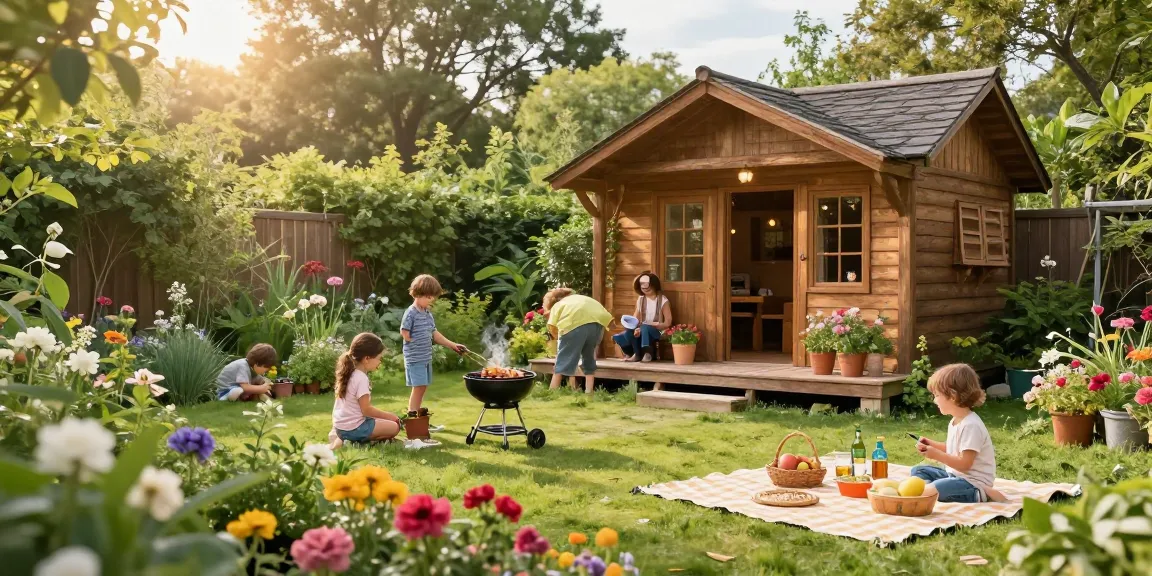 Gemütliches Gartenhaus Holz umgeben von grüner Natur für entspannte Freizeitaktivitäten.