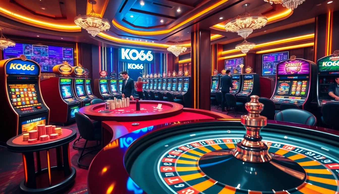 Chơi và thắng tại KO66 với hình ảnh sòng bạc sống động về poker và máy đánh bạc.