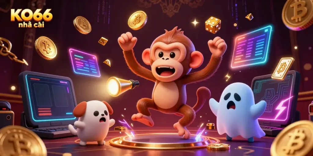 Engage with KO66 nhà cái through a vibrant 3D casino world featuring a mischievous monkey and a curious puppy.