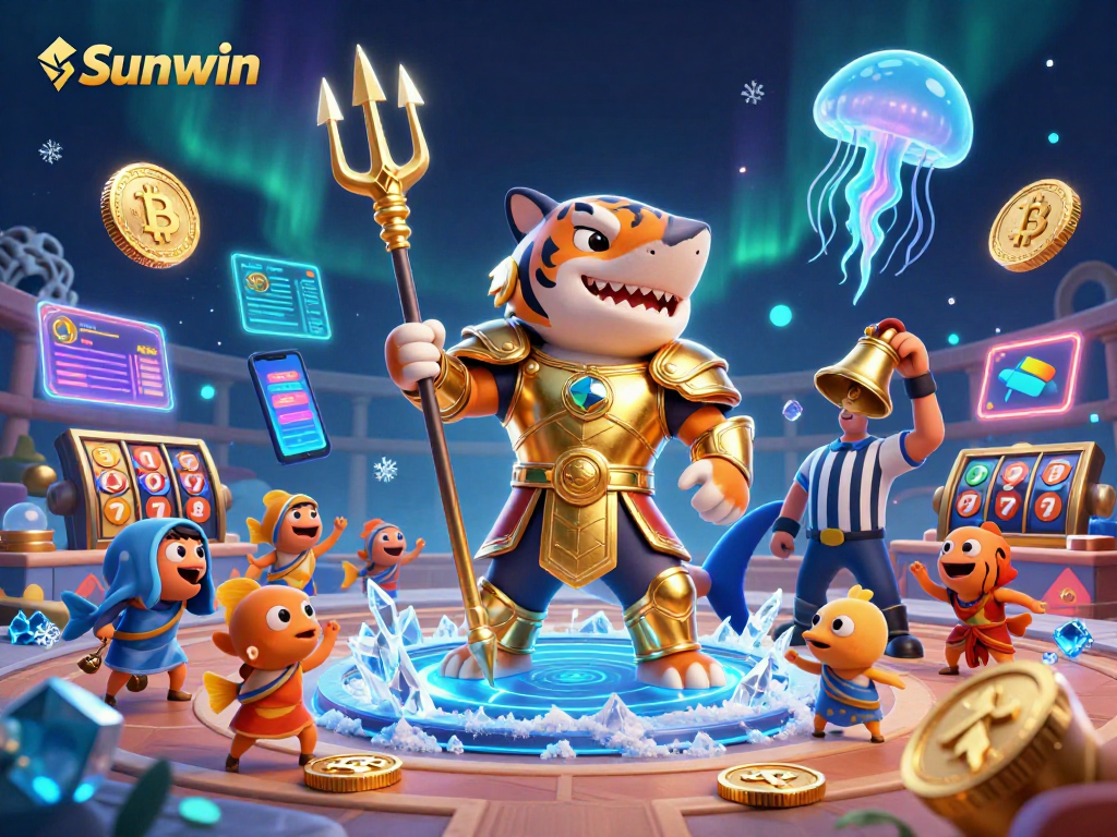 Experience the thrill of Sunwin with a 3D scene featuring vibrant casino elements and a shark gladiator.