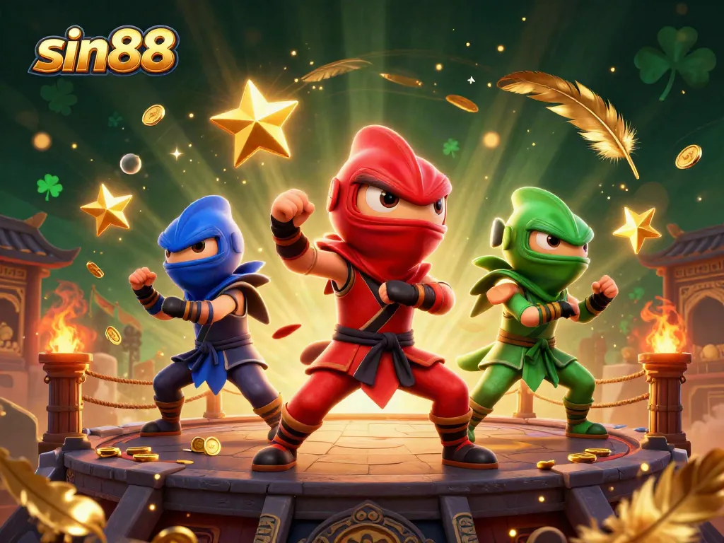 Experience sin88's thrilling action with a dynamic 3D ninja chameleon team amid vibrant casino elements.