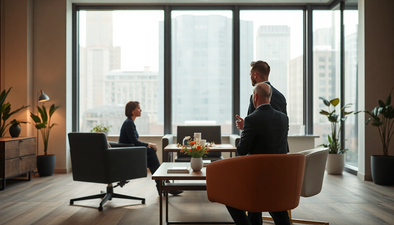 Professionelles Szenario einer Headhunter Agentur mit modernem Bürodesign und einem Beratungsgespräch.