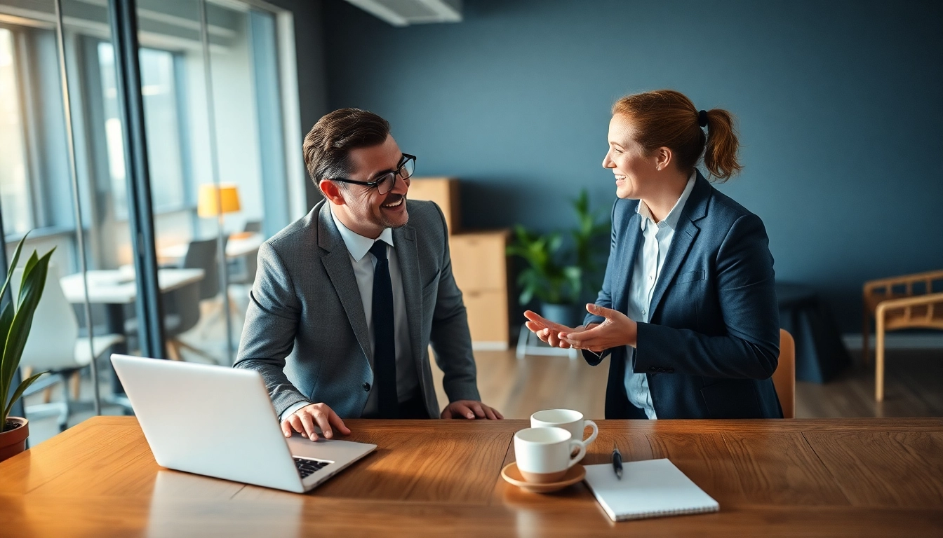 Headhunter conducting a professional interview with a candidate in an office setting.