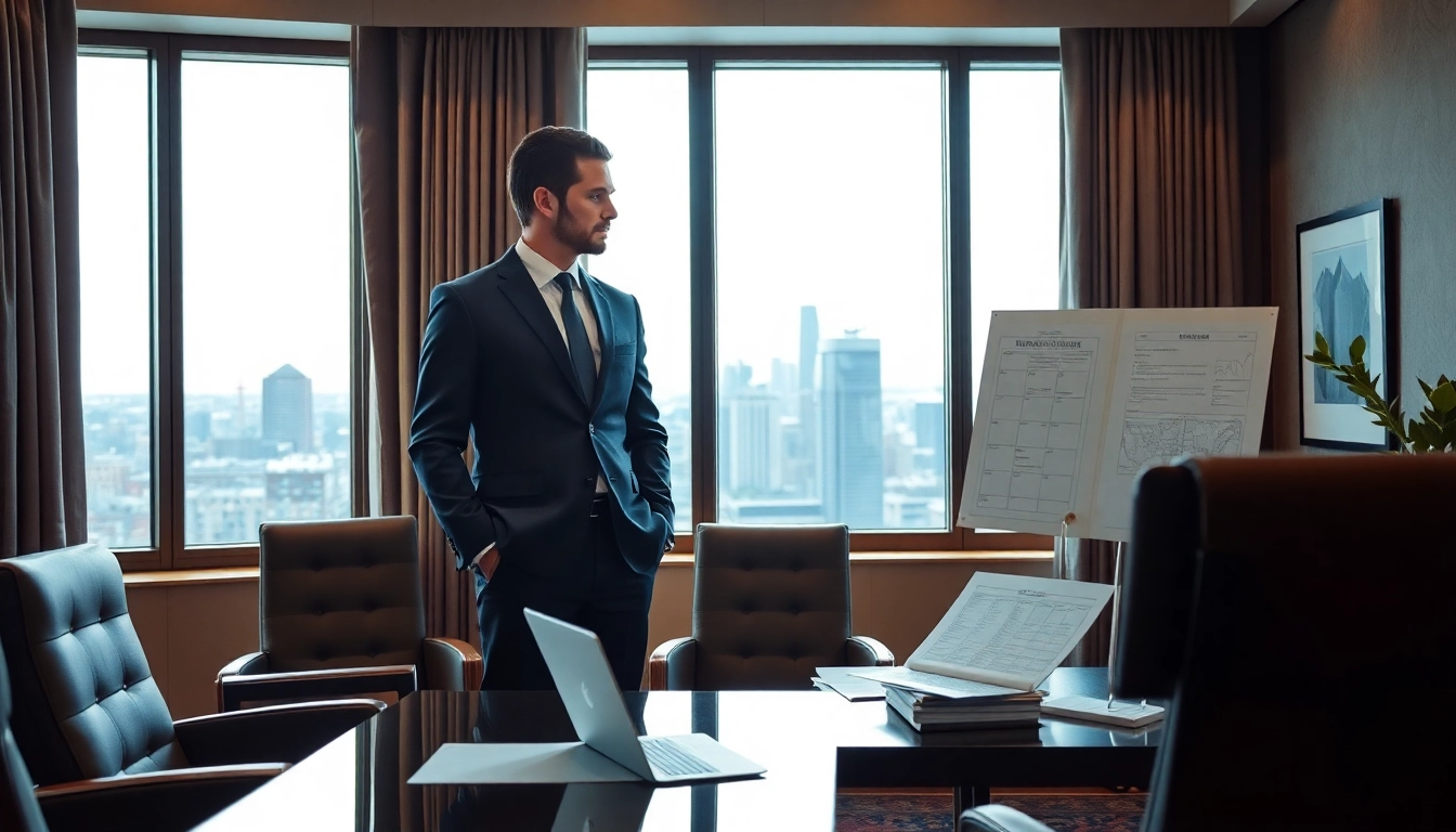 Headhunter CEO analysiert Bewerbungsunterlagen in stilvollem Büro.