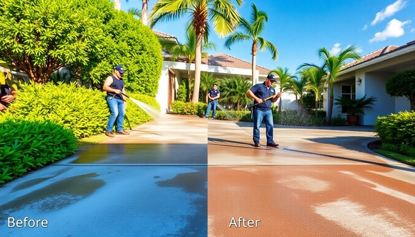 Driveway pressure wash service restoring a stained concrete driveway in Kissimmee, FL.