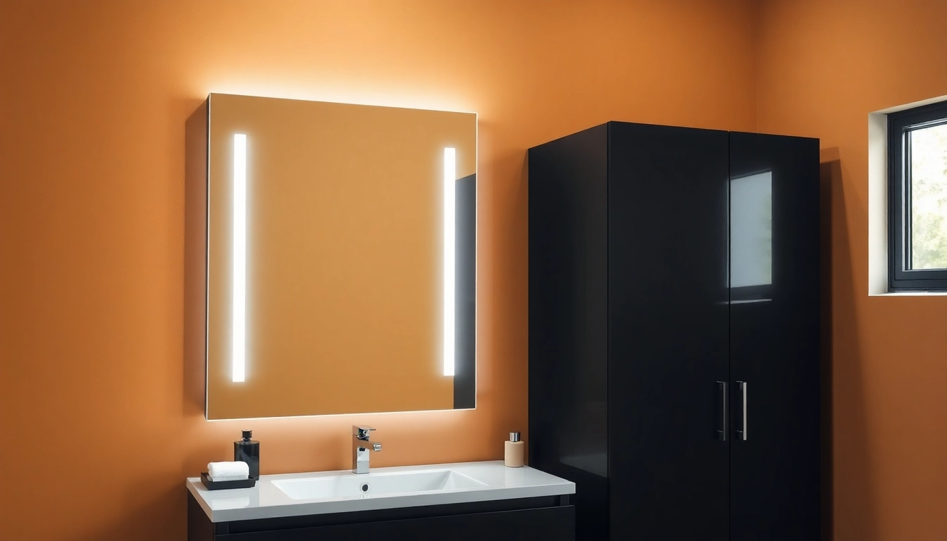 Moderne spiegelschrank led mit sanfter Beleuchtung in stilvollem Badezimmer, ergänzt durch Pflanzen und elegantem Design.