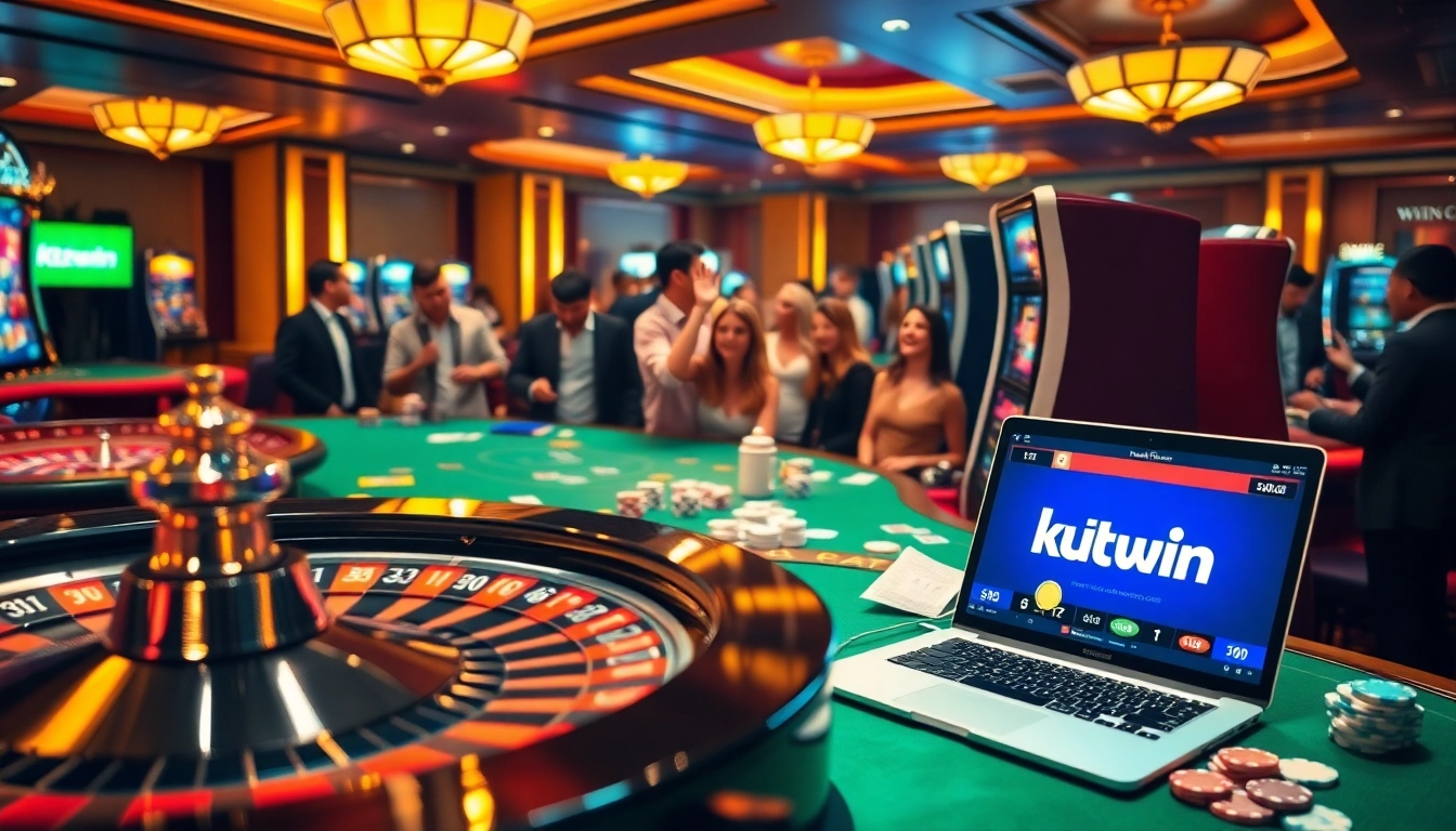 Excited players enjoying a vibrant casino scene featuring kuwin.com and various gambling elements.