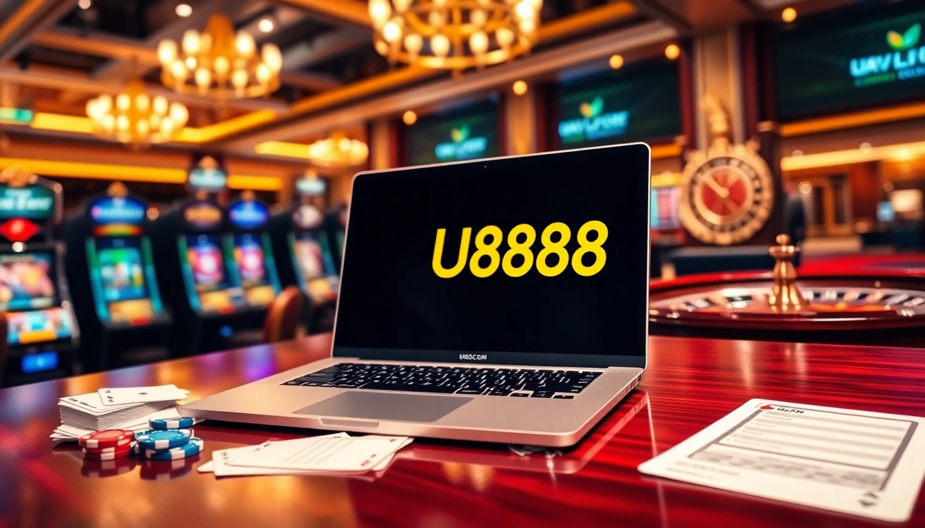 Experience U888's vibrant online casino interface among luxurious casino elements.