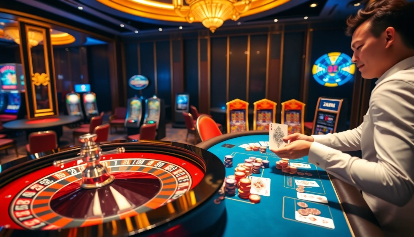 Experience the thrill of betting at 23win with vibrant casino tables and professional dealers.