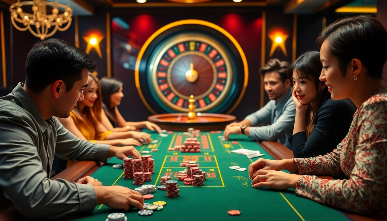 Players enjoying thrilling games at NOHU90's casino table, surrounded by vibrant chips and cards.
