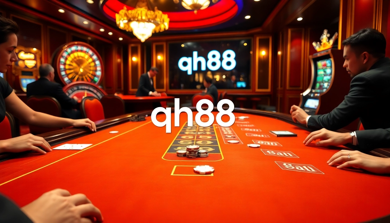 Engaging players at the qh88 blackjack table surrounded by exciting gambling elements.