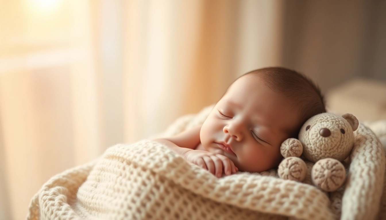 Neugeborenen Babyshooting für eine ruhige Aufnahme eines schlafenden Babys in sanften Farben.
