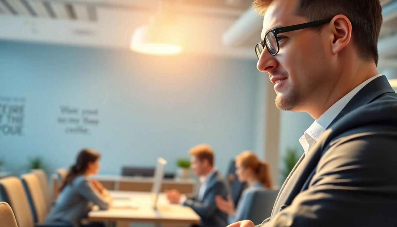 Headhunter in a friendly discussion with candidates highlighting career opportunities.