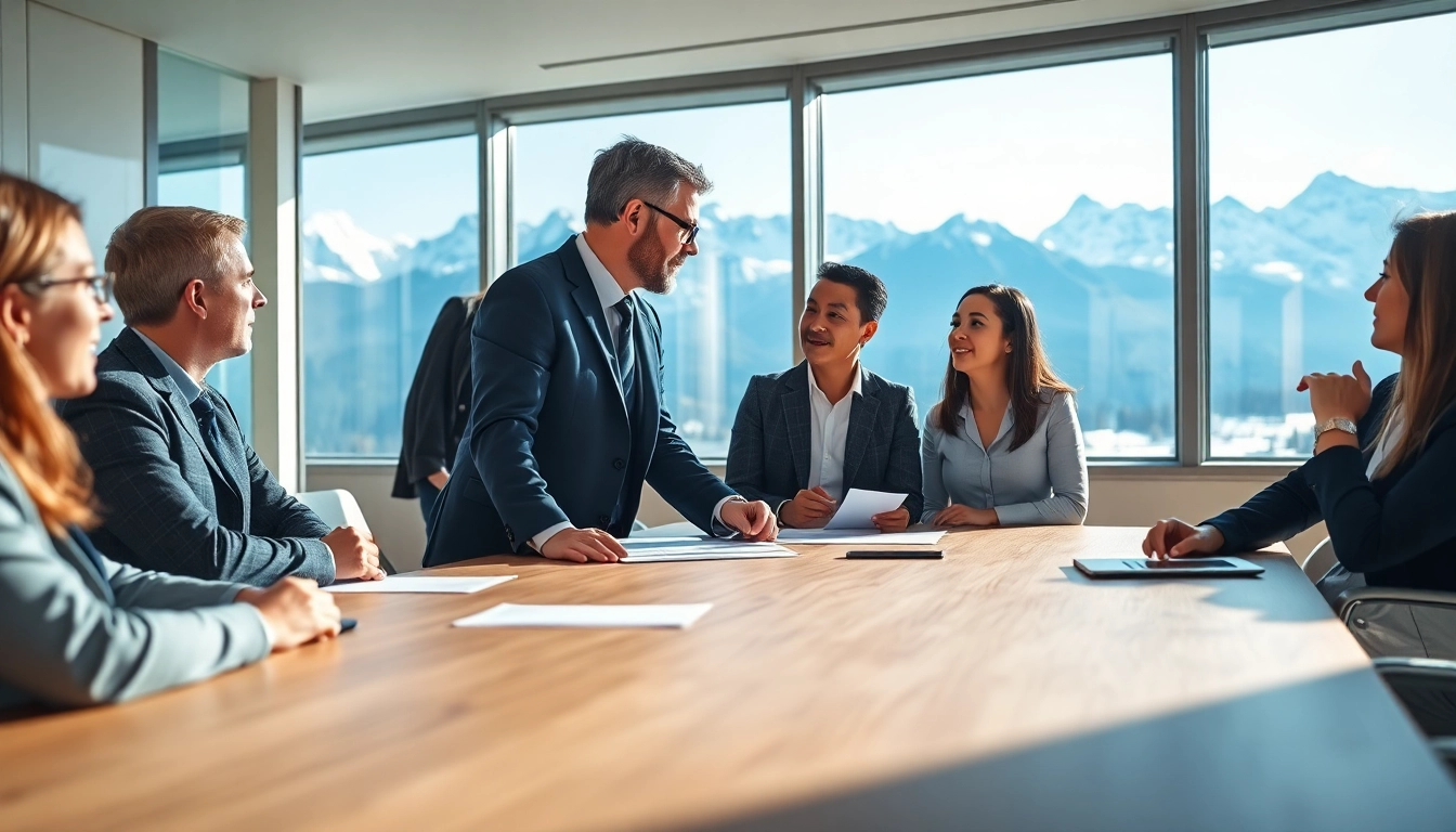 Motivated Headhunter Schweiz interacts with clients in a dynamic office environment.