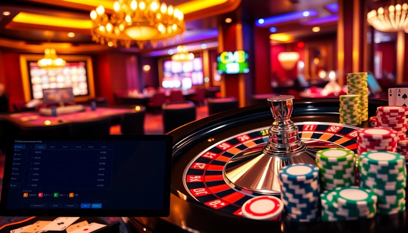 Experience thrilling gameplay at CM88 casino with poker chips and a roulette wheel.