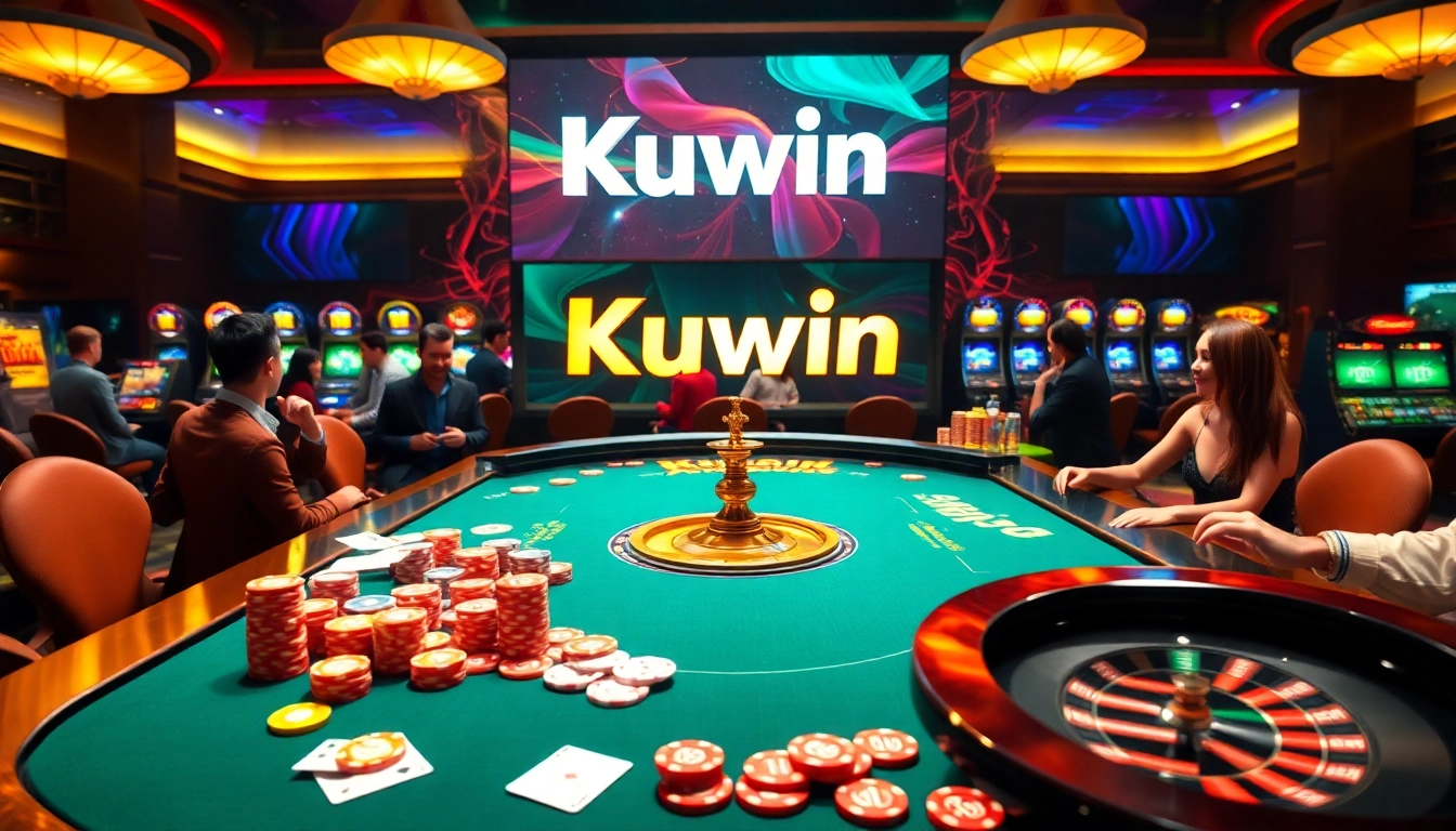 Kuwin casino table with vibrant poker chips and cards, exuding luxury and excitement.