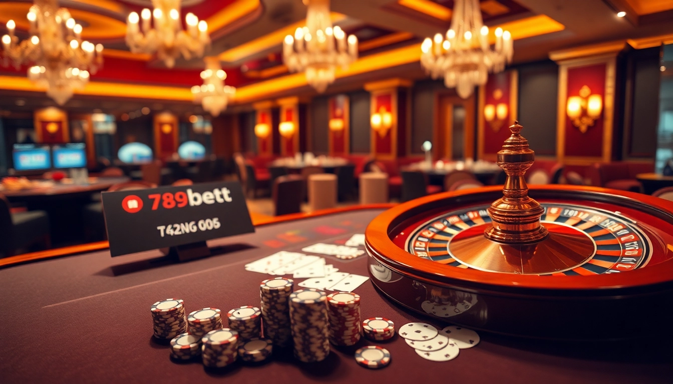 Experience the thrill of online gaming at 789bet.com with a luxurious casino scene showcasing poker chips and roulette.
