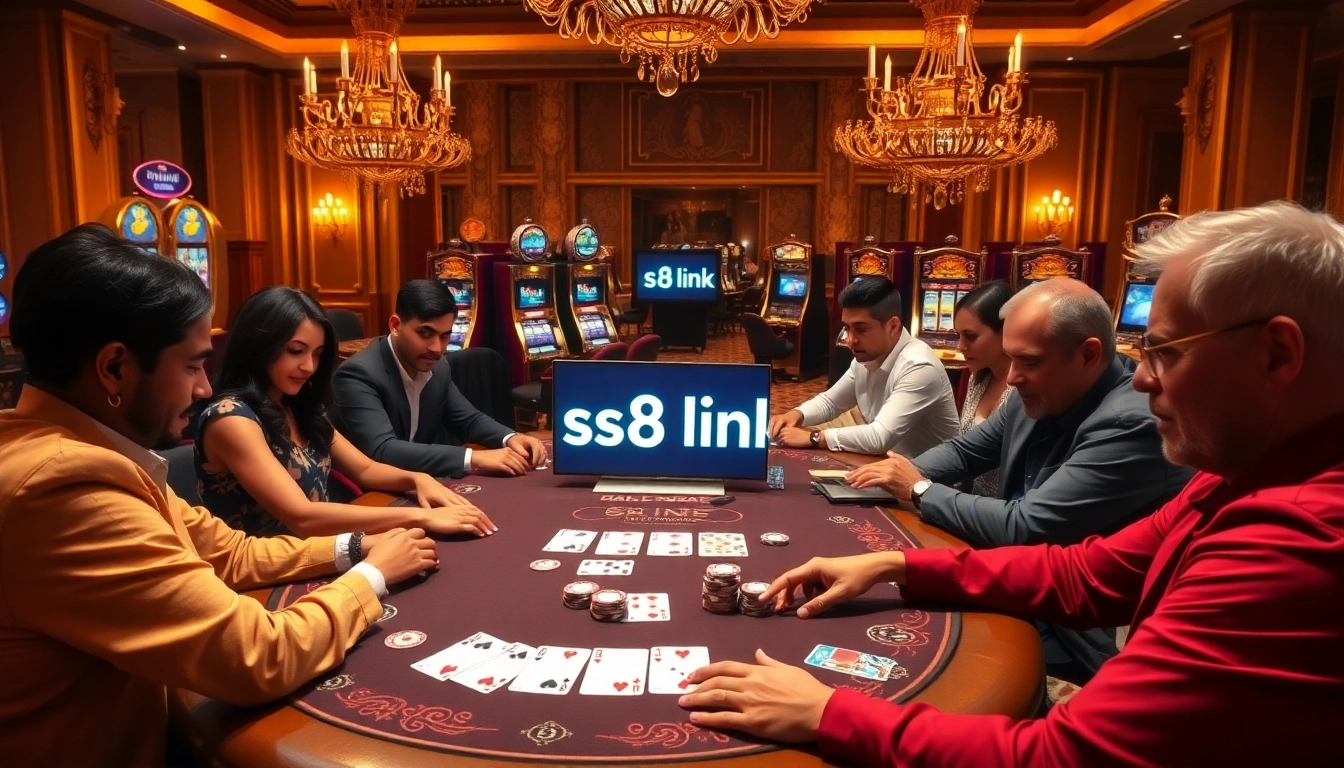 Engage with thrilling poker action at the S8 link, featuring players in a luxurious casino atmosphere.