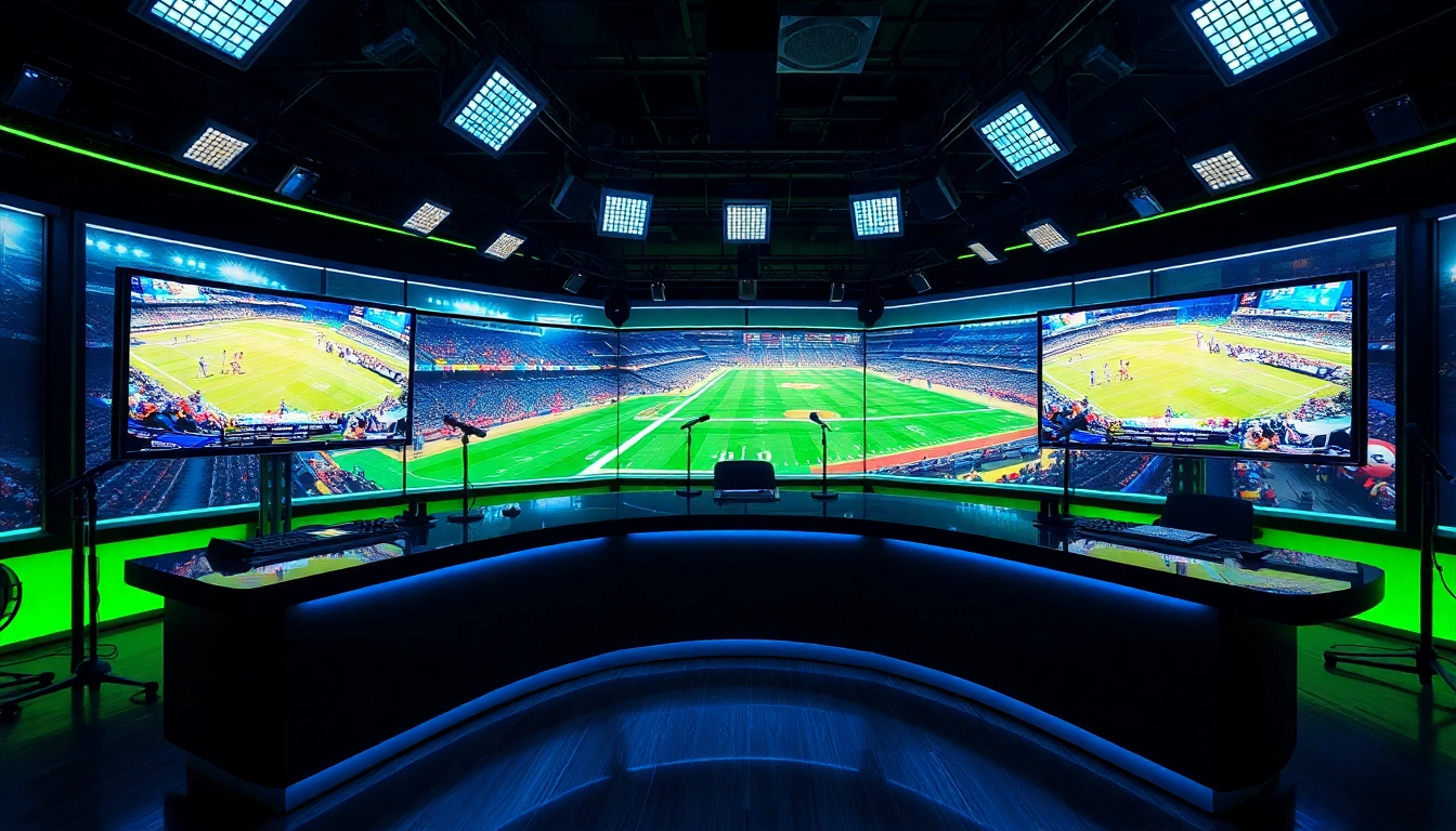 Engaging sports broadcasting studio setup showcasing vibrant screens and professional lighting