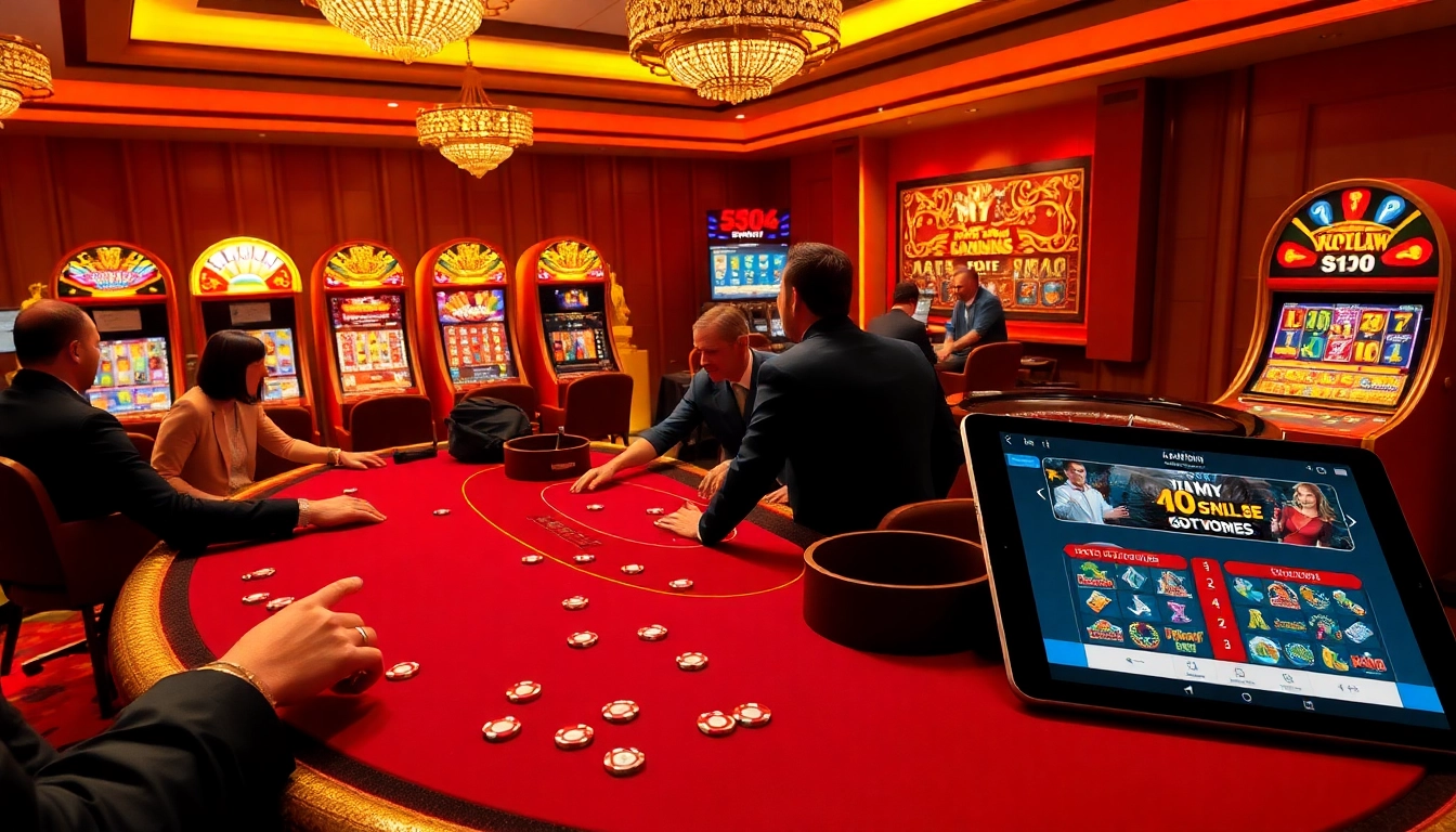 Exciting poker game at Luckywin casino, showcasing vibrant slot machines and roulette wheel.