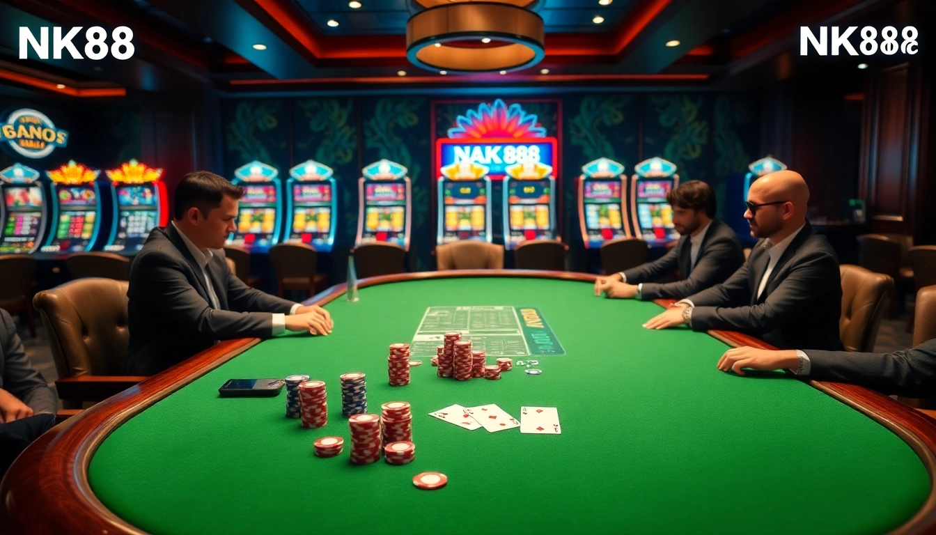 Engaging with NK88 at a vibrant casino table, showcasing poker chips and bets.