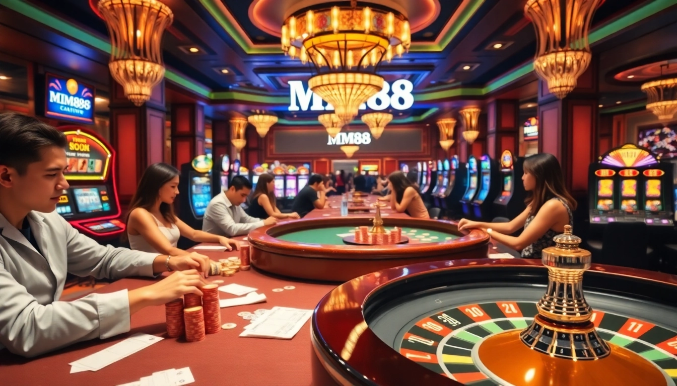 Experience the excitement of MM88 as players engage in thrilling casino games with vibrant decor.
