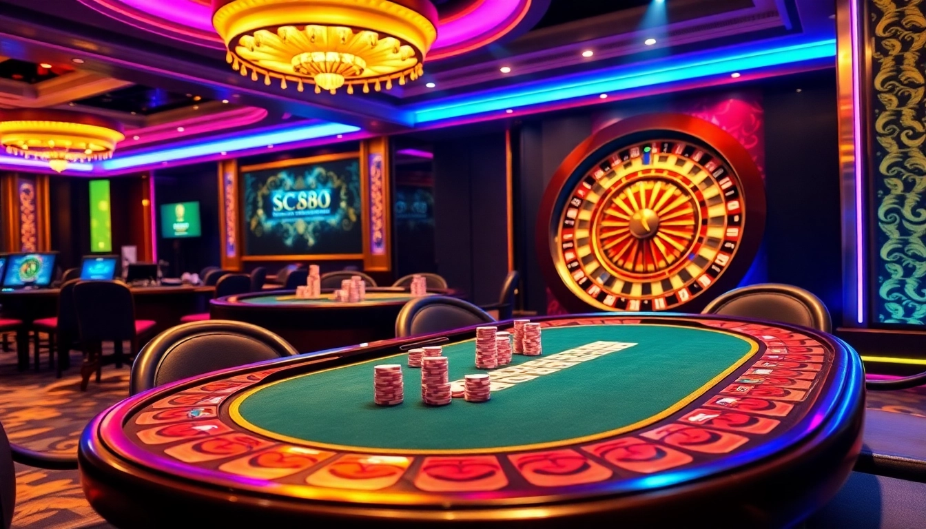 SC88 players engaging at a high-stakes poker table full of chips and cards in a luxurious casino ambiance.