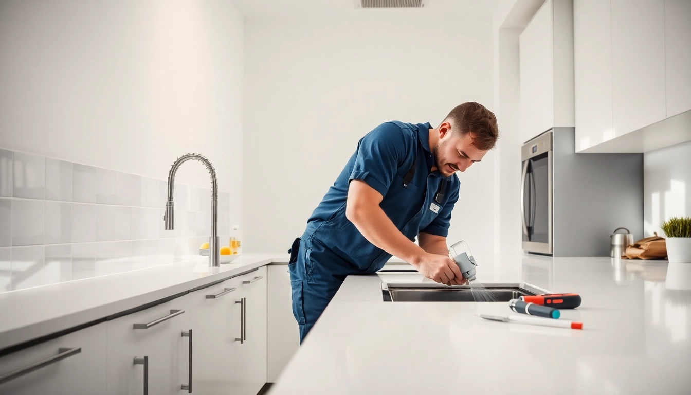Plumber fixing a sink in a modern kitchen, showcasing professional skills and tools.