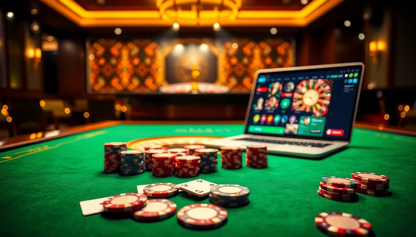 VN789 casino scene with poker table, roulette wheel, and online gambling interface.