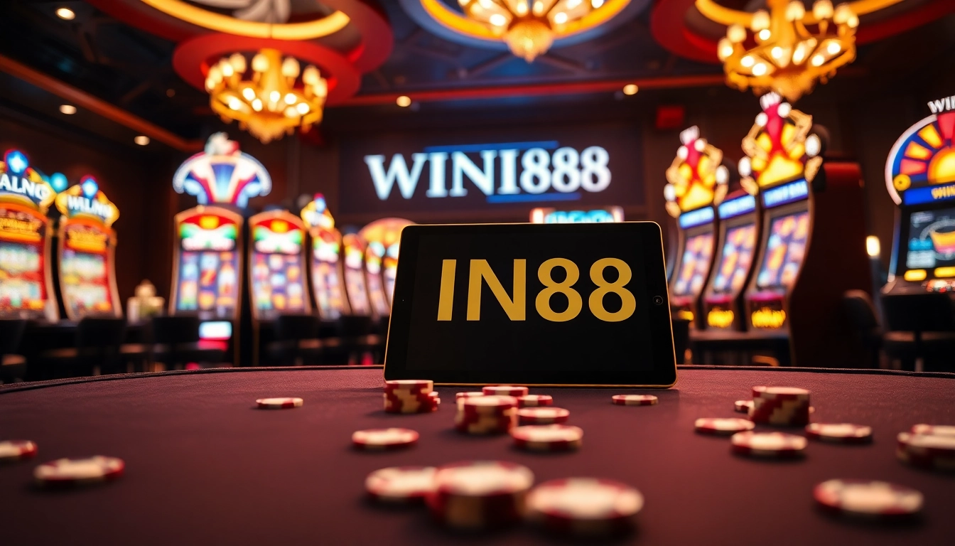 Players enjoying the thrill of WIN88 at glamorous casino tables with vibrant slot machines.