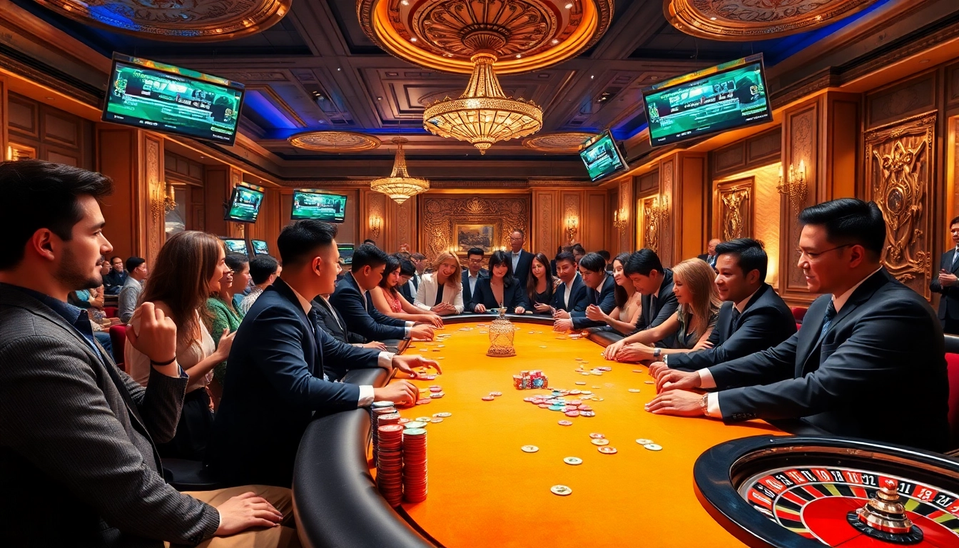C168 players excitedly gamble at a luxurious casino table with colorful chips and cards.