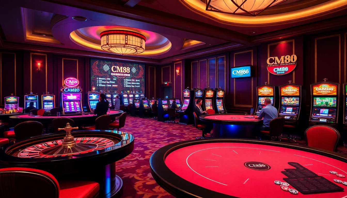 Engage with the CM88 branded poker chips amidst a luxurious casino atmosphere filled with exciting gaming activities.