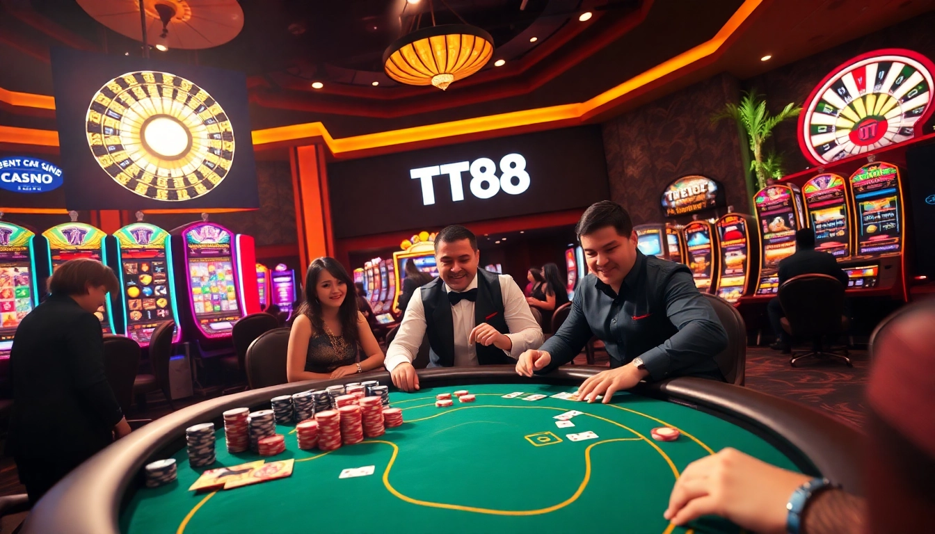 Exciting casino scene showcasing TT88 branding with vibrant slot machines and a poker table.