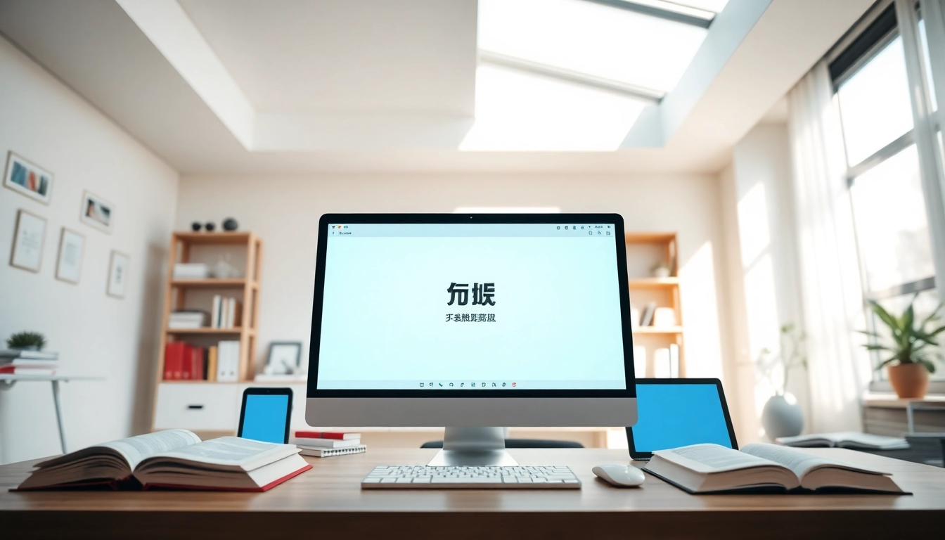 有道 translation application displayed on a modern desktop surrounded by study materials and digital devices.