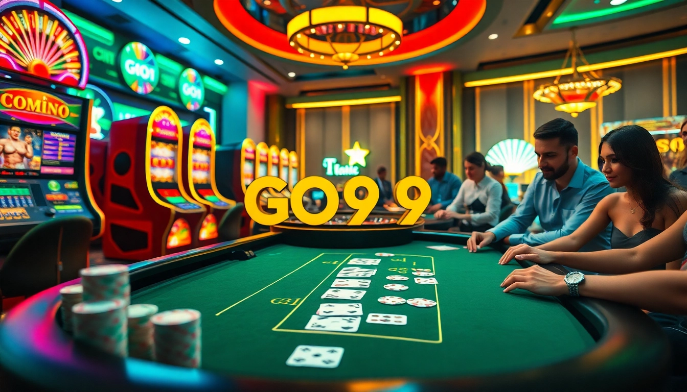 Exciting GO99 casino scene featuring vibrant slot machines and poker action.