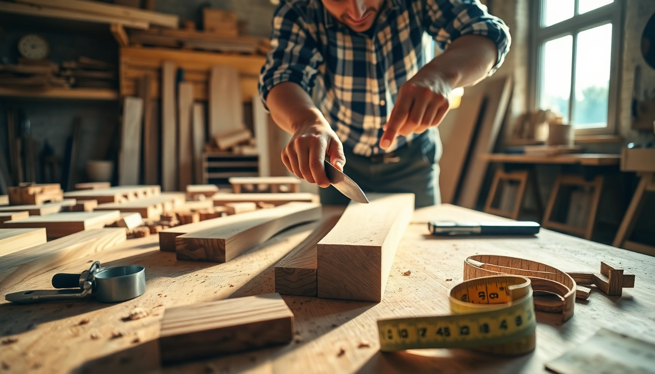 Carpenter skillfully shaping wood in a brightly lit workshop.