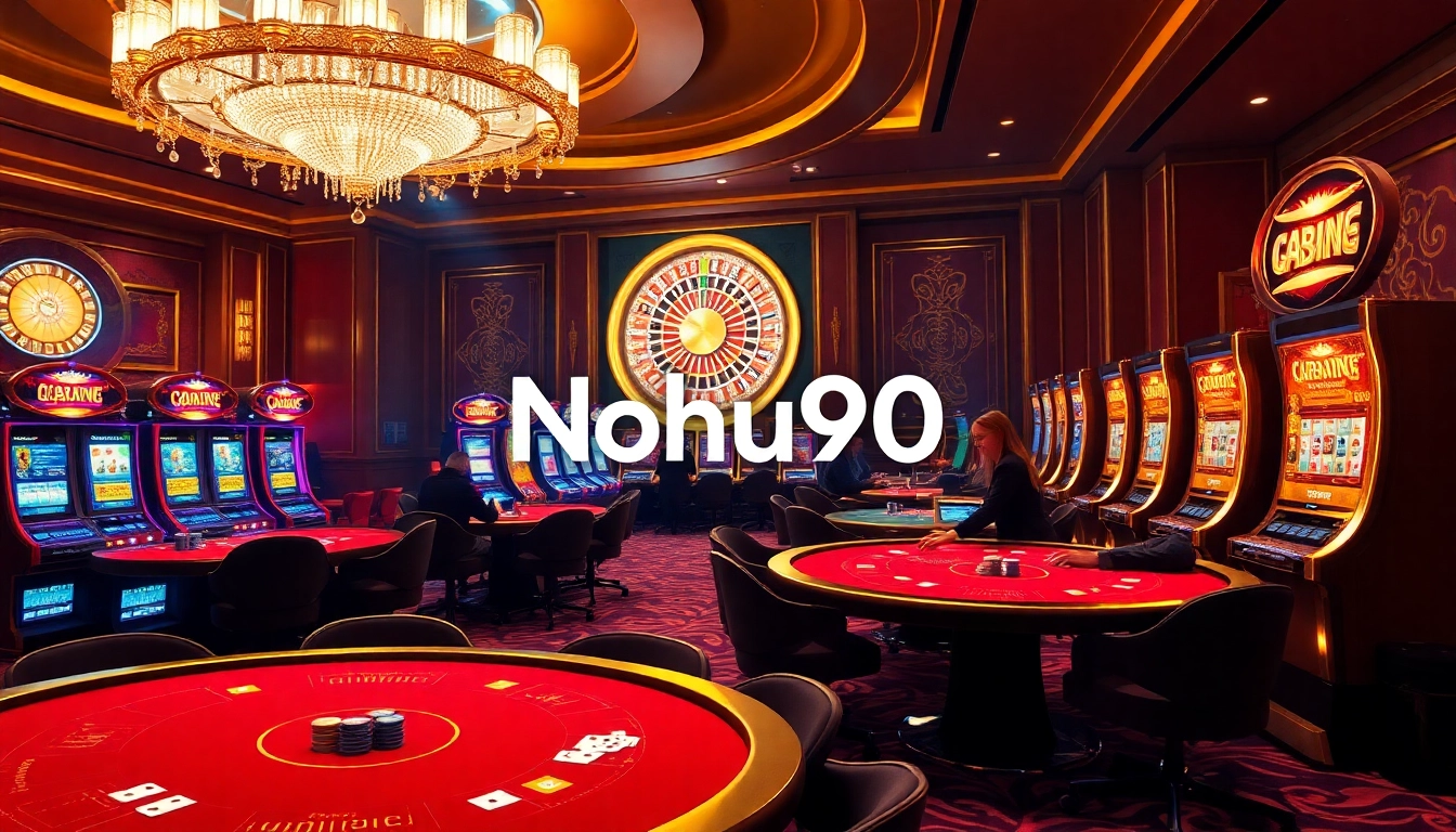 Nohu90 players experiencing thrilling slot games in a luxurious, vibrant casino.