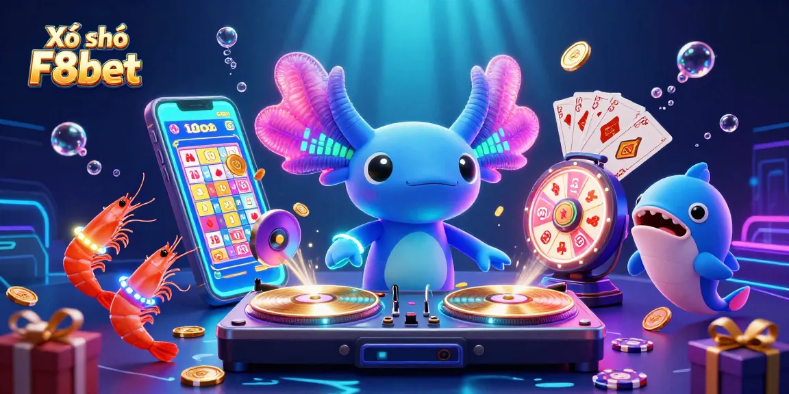 Experience the excitement of lottery F8bet with this vibrant 3D illustration showcasing dynamic characters and game elements.