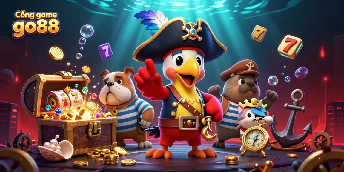 Cổng game go88 features a colorful and dynamic 3D illustration of pirate-themed casino fun with engaging slot elements.
