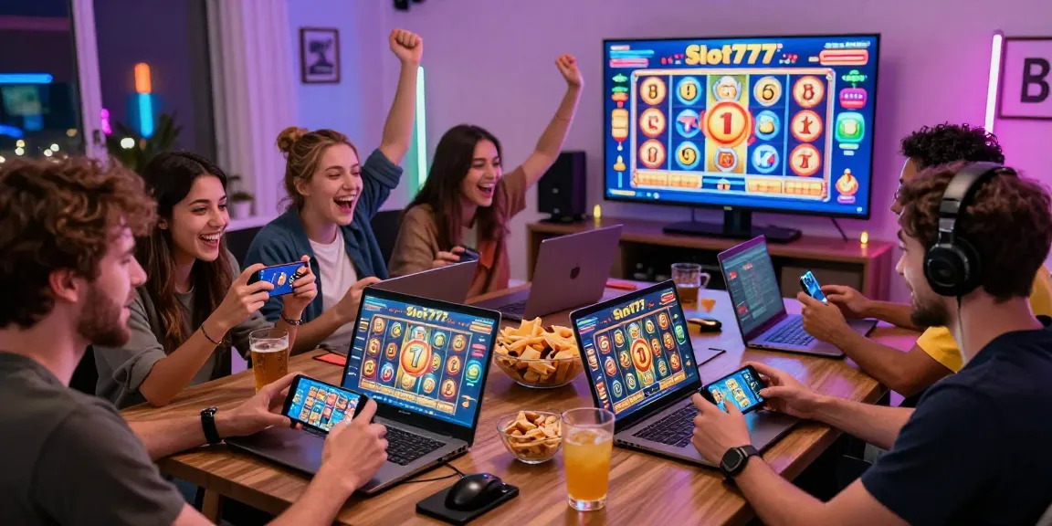 Teman-teman bermain Slot777 dengan smartphone dan laptop, suasana penuh keceriaan di rumah.