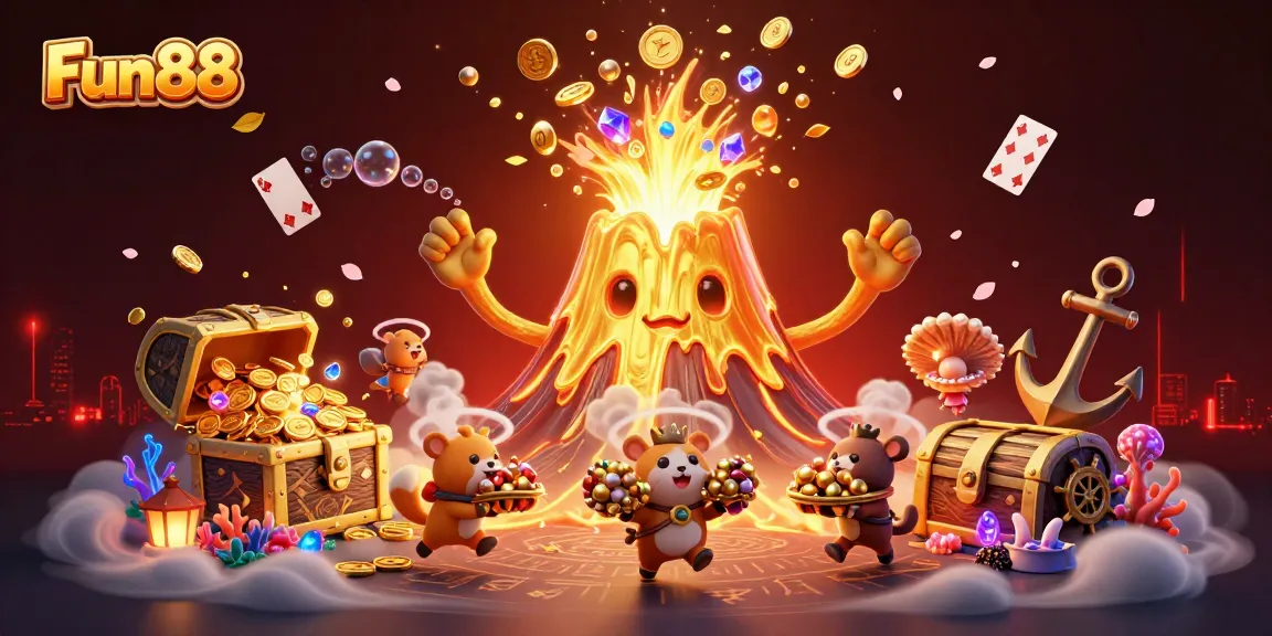 Engage with Fun88 gaming excitement as the golden volcano erupts treasures in a vibrant 3D spectacle.